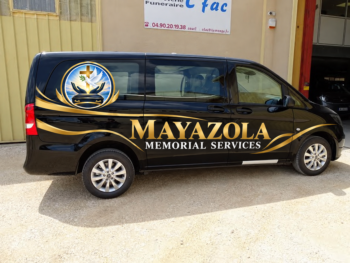 Projet de marquage MAYAZOLA MEMORIAL SERVICES sur un véhicule funéraire, vue 1