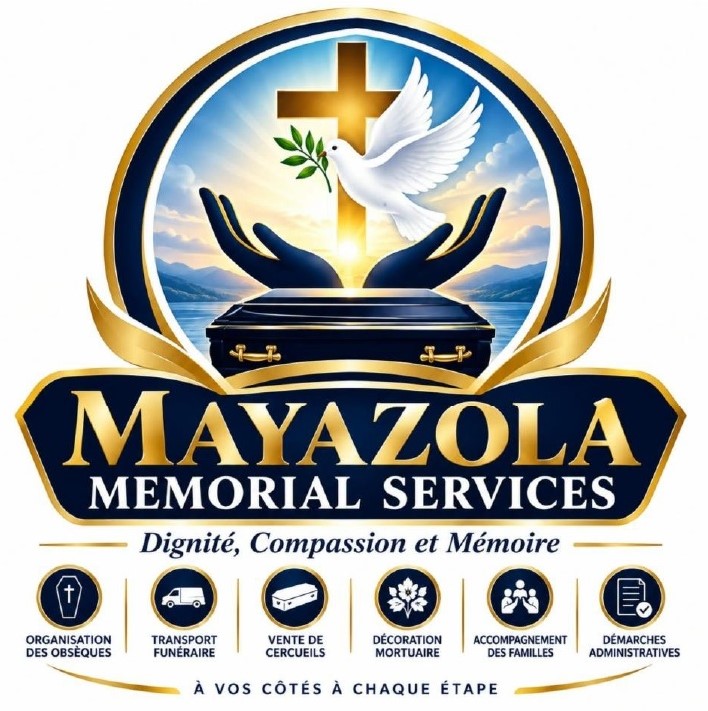Logo Mayazola Memorial Services : colombe, croix et cercueil, avec la devise Dignité, Compassion et Mémoire